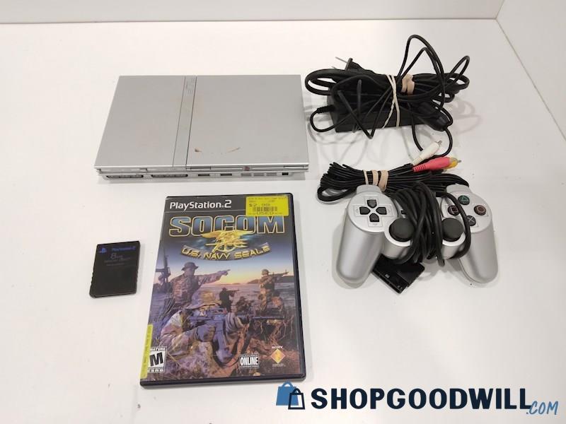 PlayStation 2 Silver Console W/Game, Cords and Controller-powers on