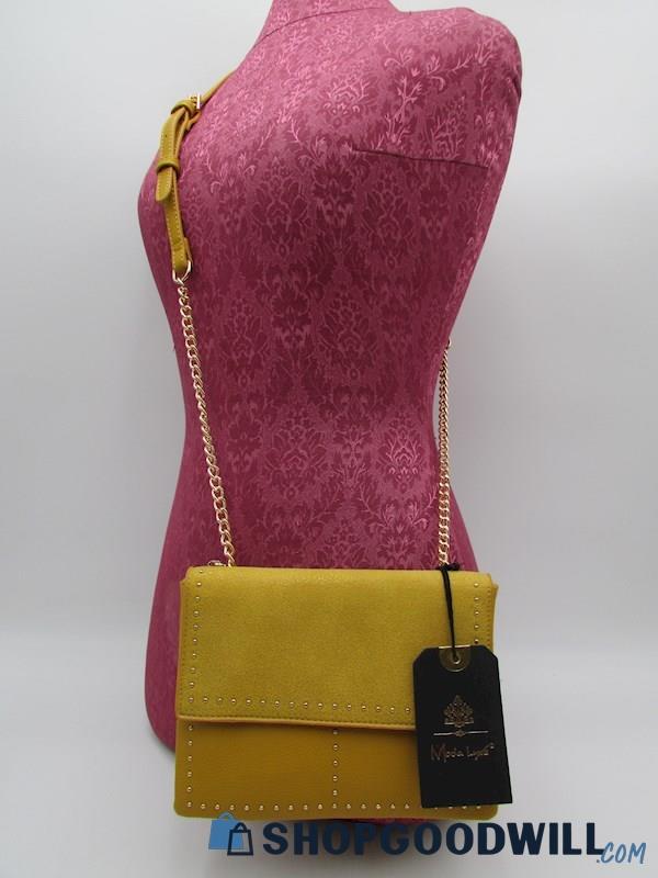 NWT Moda Luxe Fate Mustard Studded Vegan Leather Crossbody Handbag Purse
