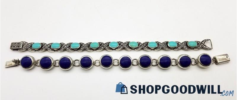 .925 Turquoise Marcasite & Blue Enamel Bracelets (2 Bracelets) 58.00 grams