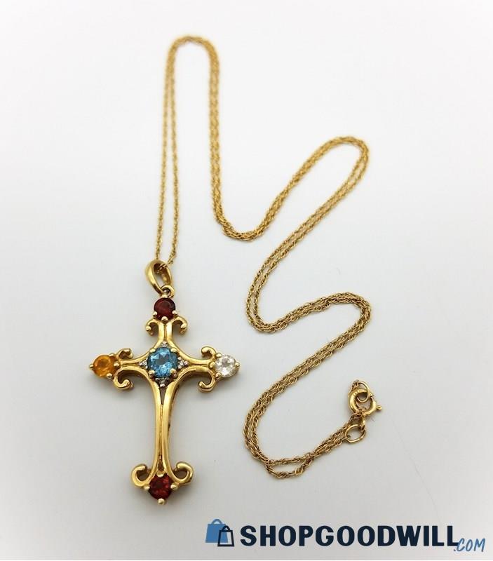 14K Yellow Gold Multi-Color Gemstone Cross Necklace 2.6 Grams 