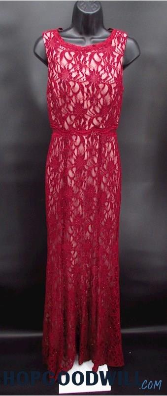 Xscape Women's Dark Red Glitter Lace & Nude Illusion High Neck Gown SZ 6