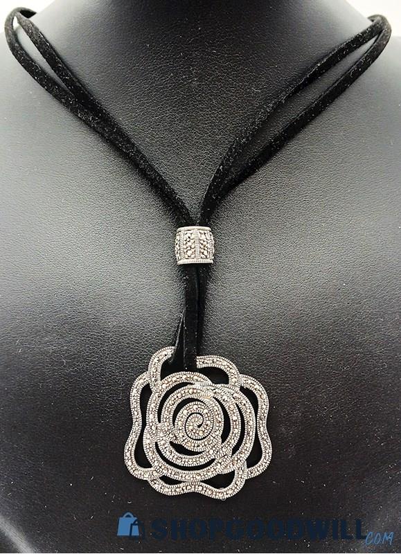 .925 Marcasite Flower Pendant On Black Leather Cord Necklace -Signed,14.83 Grams