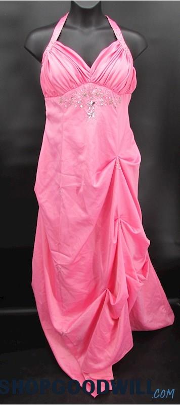 City Triangles Women's Pink Halter Neck Rhinestone Bubble Ruched Gown SZ 22