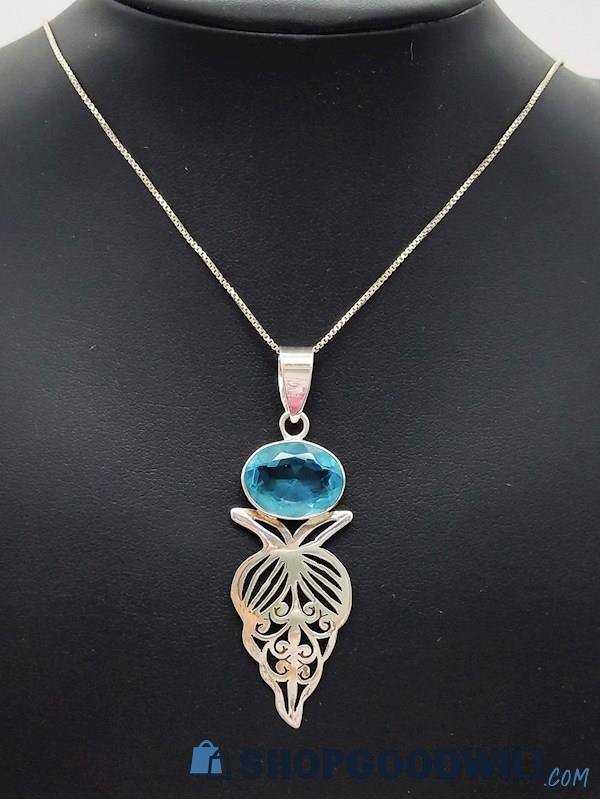 .925 Artisan Faceted Blue Glass Pendant Necklace   6.21 Grams