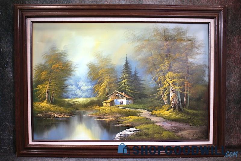 Framed Old Cabin House by Forest River Nature Painting Signed Tomas Art PICKUP