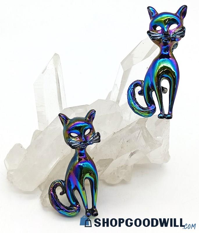 Vintage Iridescent Jewel-Tones Cat Brooches / Pin (2)