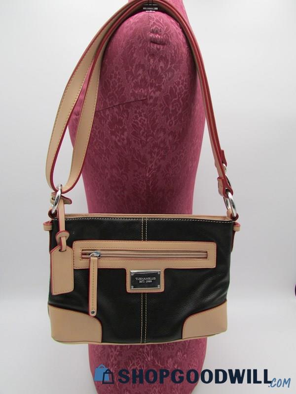 Tignanello Black/Tan Leather Organizer Convertible Crossbody Handbag Purse
