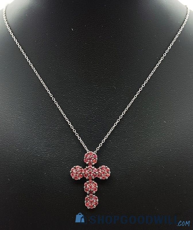 .925 Pink Cubic Zirconia Cross Necklace   3.53 Grams
