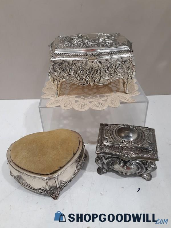 2 Small Silver Toned Jewelry Boxes/1 Pin Cushion/1 Silver-Plated Cup 
