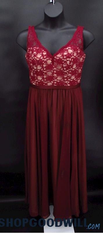 Mori Lee Women's Red Lace Illusion Bodice V Neck A Line Gown SZ 16