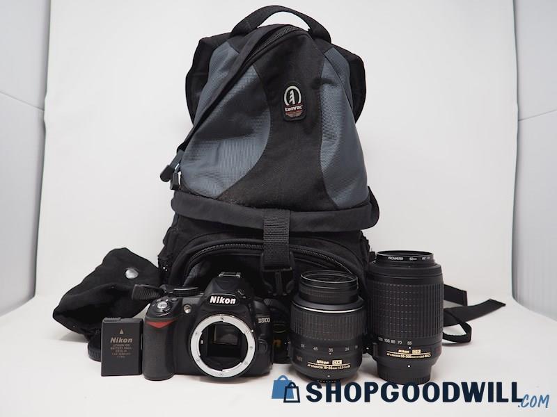 Nikon D3100 DSLR Camera w/Nikon AF-S 18-55mm 55-200mm Lens *Powers ON*