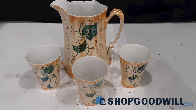 Semivitreous Vintage porcelain pottery jar and 3 cups