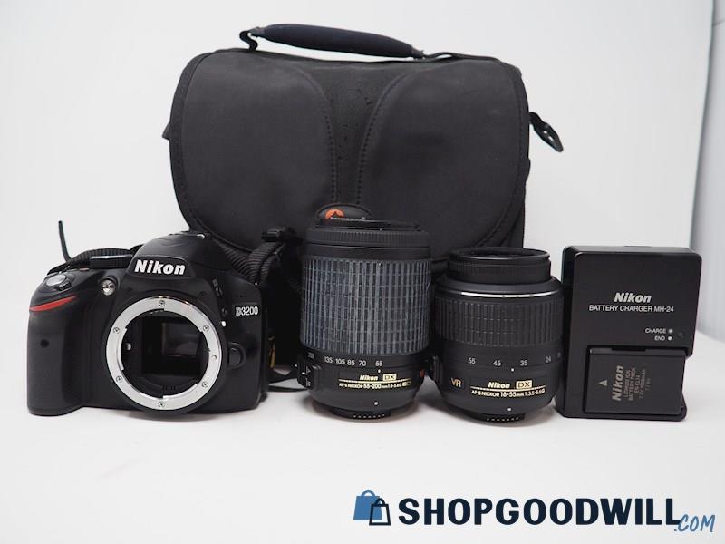 Nikon D3200 DSLR Camera w/Nikon AF-S 18-55mm 55-200mm Lens *Powers ON*