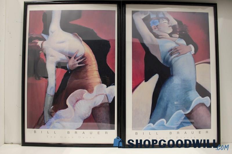 Pair Framed Prints Unsigned Bill Brauerd 'The Gold Dress' & 'Scarlet Dancer' PU