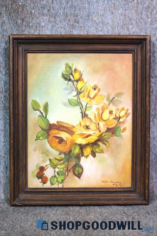 Framed VTG Yellow Rose Flower Floral Still Life Painting Signed Phyllis Forsythe