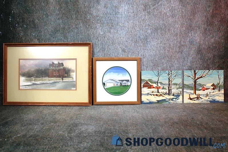 4 Framed Watercolor Winter Street Scene Print & House Nature Paintings Art Decor