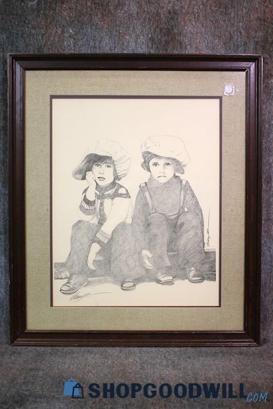 Framed Girl & Boy Children Portrait Pencil Drawing Print Signed Mary W Art Decor