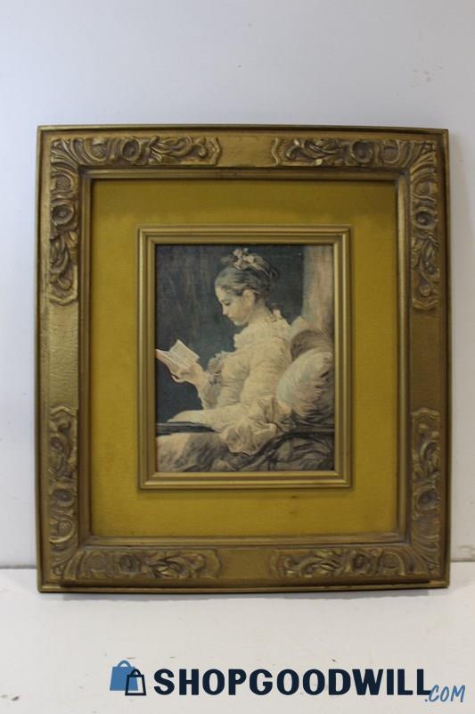 Jean-Honore Fragonard Unsigned Framed Vtg Litho Print 'Girl Reading in Chair'