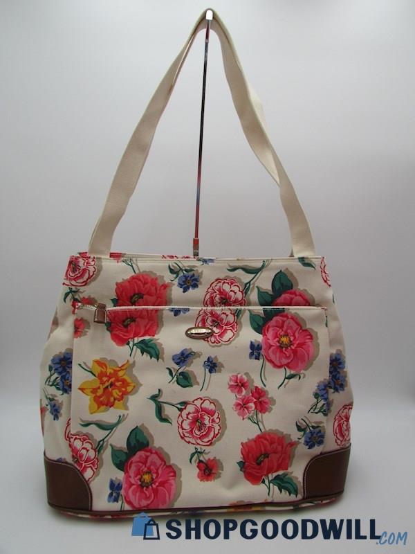 Liz Claiborne Vintage Ivory Floral Print Linen Large Shoulder Handbag Purse