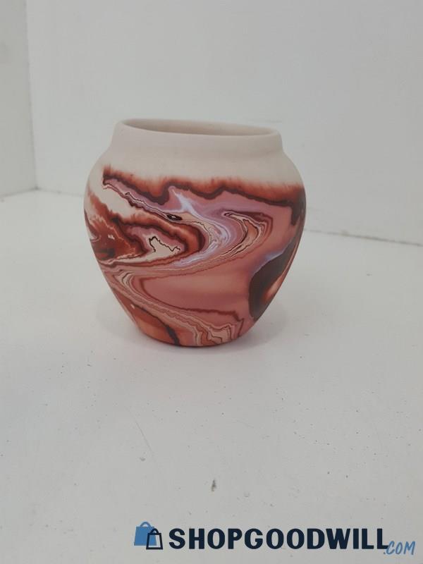 Nemadji Pottery Vase Rose Violet Handpainted Pattern.