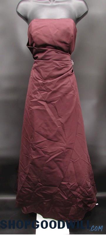 David's Bridal Women's Brown Pleated Strapless Rhinestone Detail Gown SZ 8