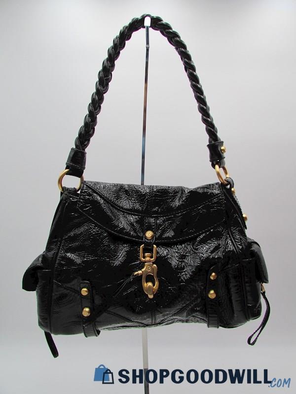 Francesco Biasia Black Patent Genuine Leather Flap Shoulder Handbag Purse