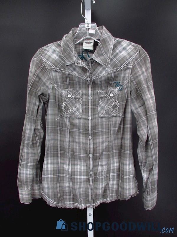 Harley Davidson Women's Green Plaid Studded Embroidered Western Shirt SZ-S