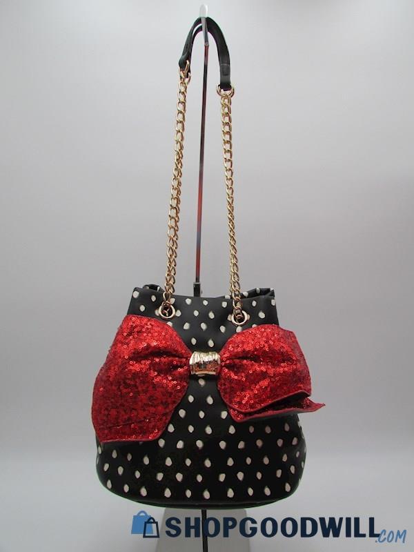 Betsey Johnson Hopeless Romantic Polka Dot Sequin Bow Bucket Chain Handbag Purse