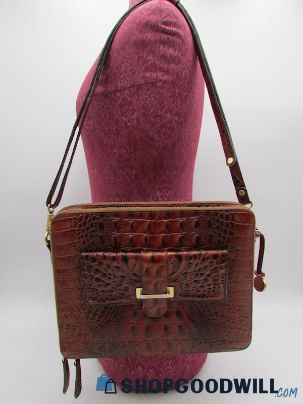 Brahmin Theo Pecan Melbourne Croc Leather Messenger/iPad Crossbody Handbag Purse