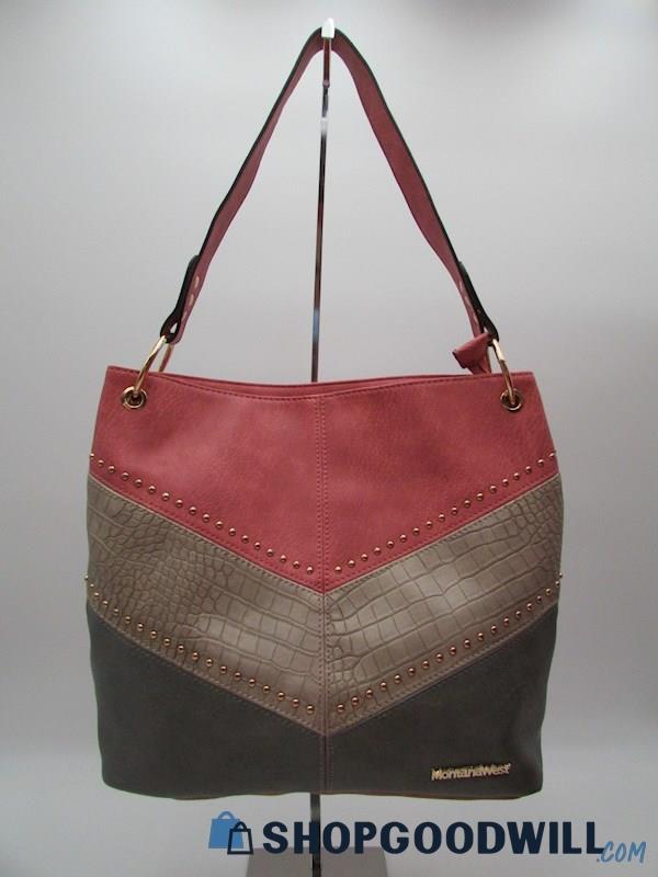 Montana West Pink Color Block Studded Faux Leather Hobo Handbag Purse
