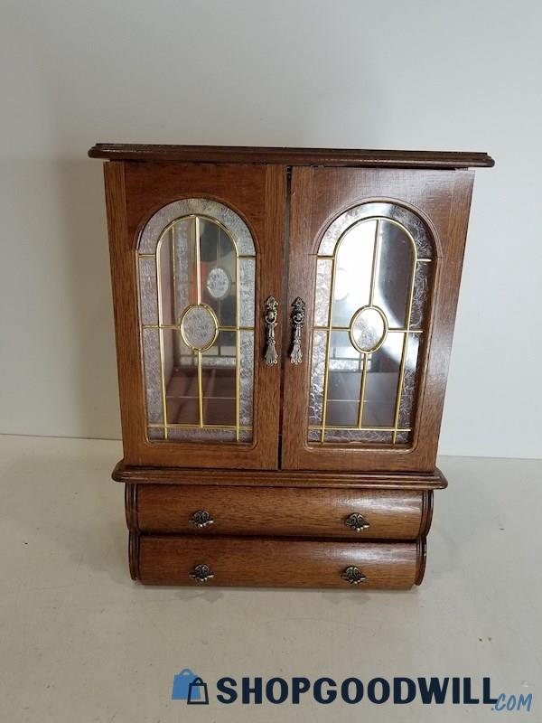 Vintage Wooden Jewelry Box Storage, W/ Mirror Inside, Opening Doors & Drawers 