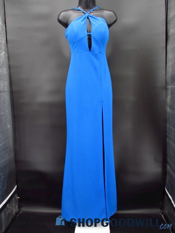 NWT Emerald Sundae Women's Azure Blue Halter Keyhole Trumpet Slit Dress Size S