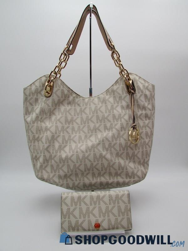 Michael Kors Fulton Vanilla Signature Chain Tote/Wallet Set Handbag Purse