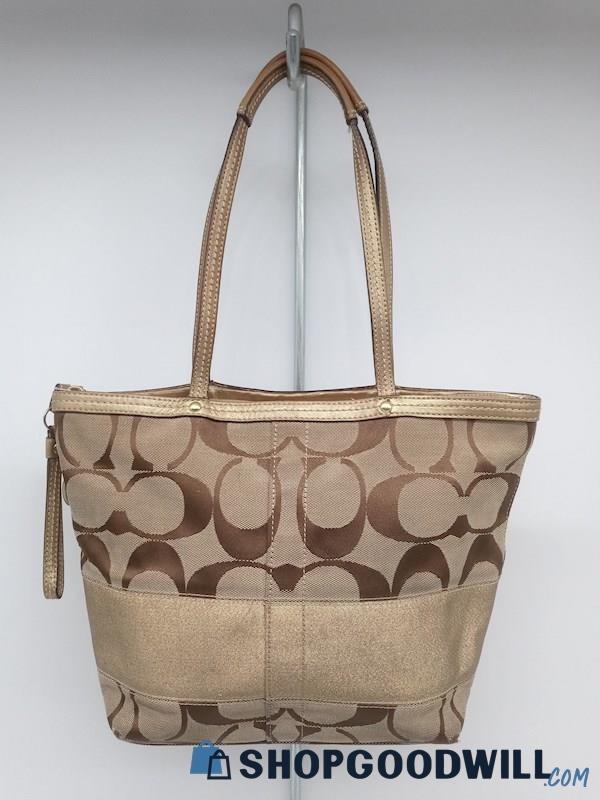Coach Signature Brown/Gold Jacquard Canvas Small Tote Handbag Purse