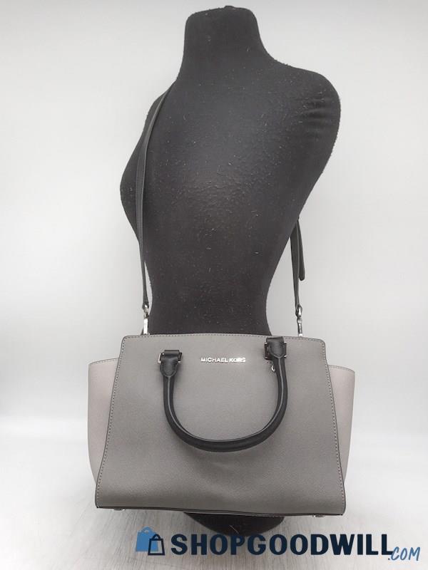Michael Kors Selma Black/Grey Saffiano Leather Satchel Handbag Purse