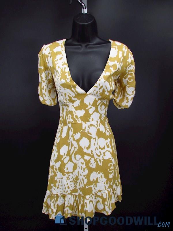 Vintage Debbie Dabbie Women's Yellow/White Pattern Short Plunge Dress SZ 8