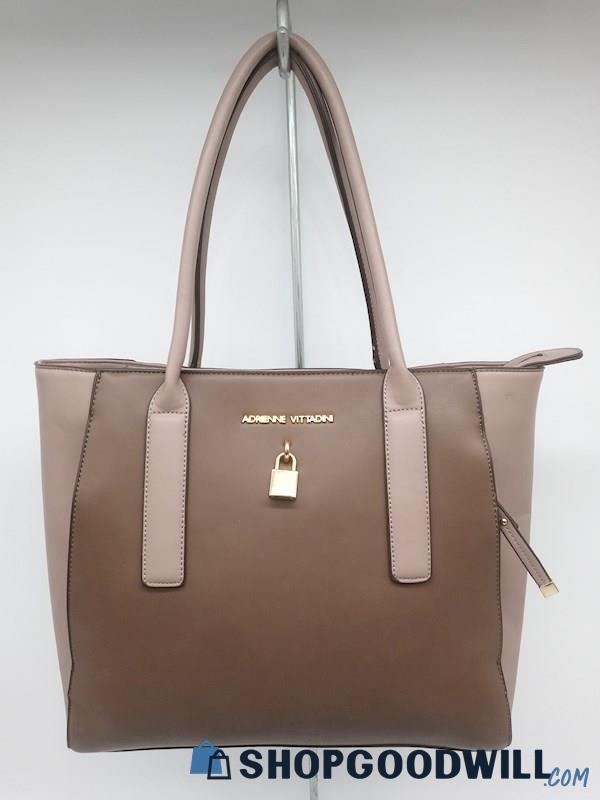 Adrienne Vittadini Taupe/Brown Faux Leather Large Tote Handbag Purse