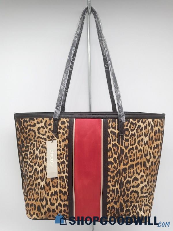 NWT Chico's Brown/Red Cheetah Print Coated Canvas/Faux Suede Tote Handbag Purse