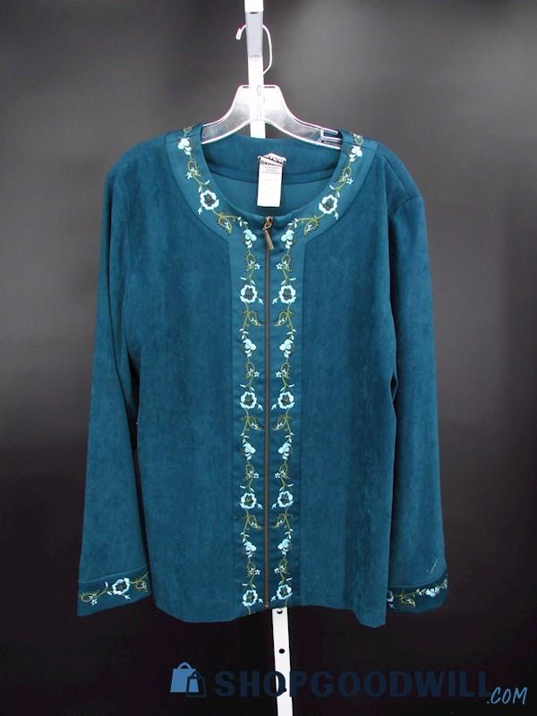 Vintage Christine Thompson Modern Women's Blue Embroidered Zip-up Sweater SZ 
