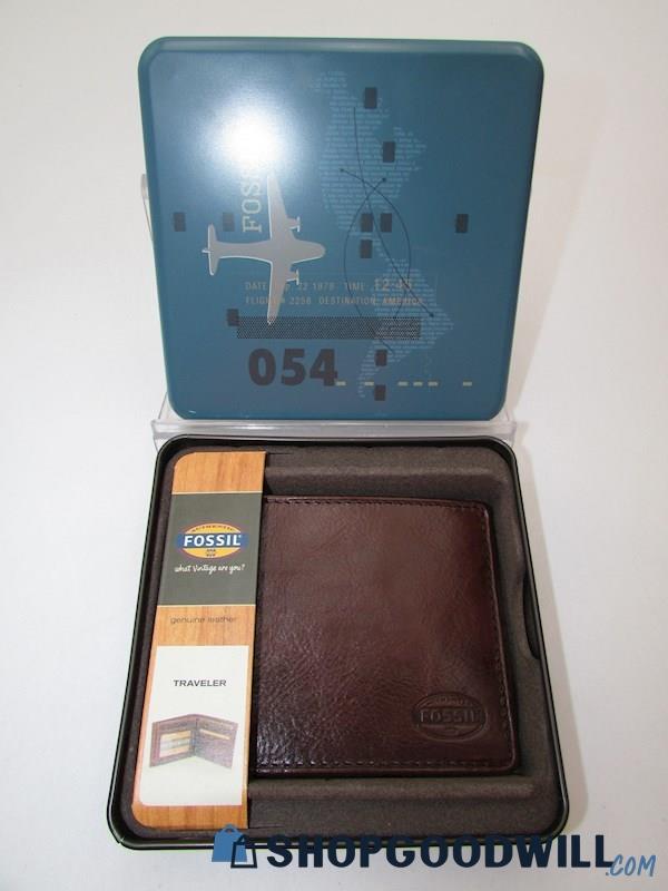 NIB Fossil Vintage Transit Traveler Brown Leather Billfold Wallet Handbag Purse