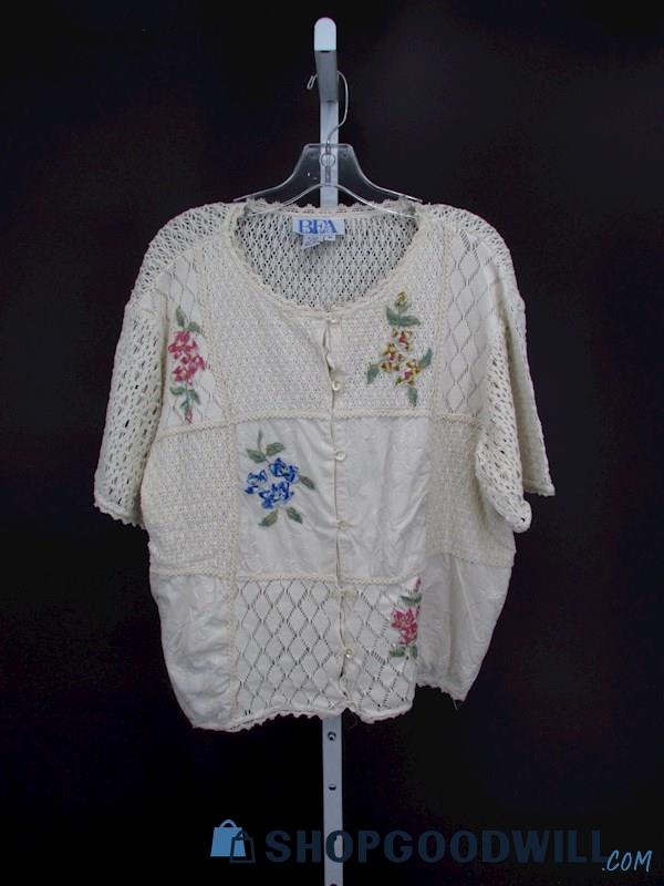 Vintage BFA Classics Women's Cream Crochet Embroidered Button-up Blouse SZ 1X