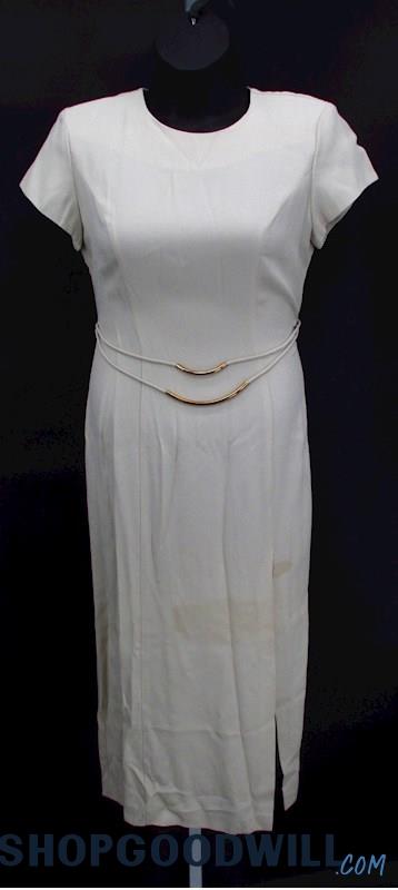 Vintage Taurus II Women's Cream Belted Slit Short Sleeve Pencil Dress SZ 10P
