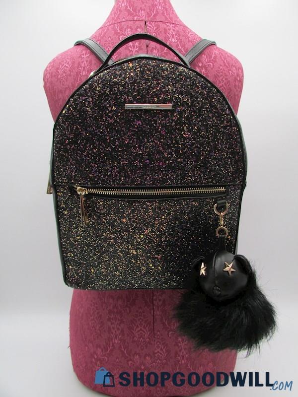 Aldo Black/Iridescent Glitter Mini Backpack w/ Bear Charm Handbag Purse