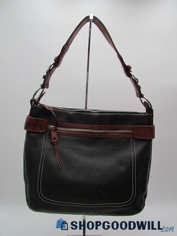 Brighton Black Pebble Leather w/ Woven Leather Handle/Trim Hobo Handbag Purse