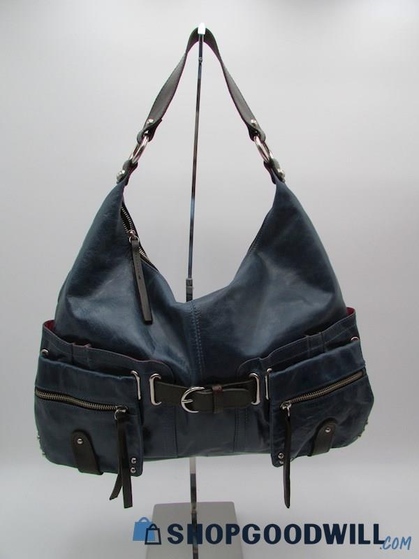 Tano Cobalt Distressed Leather Large Hobo Handbag Purse