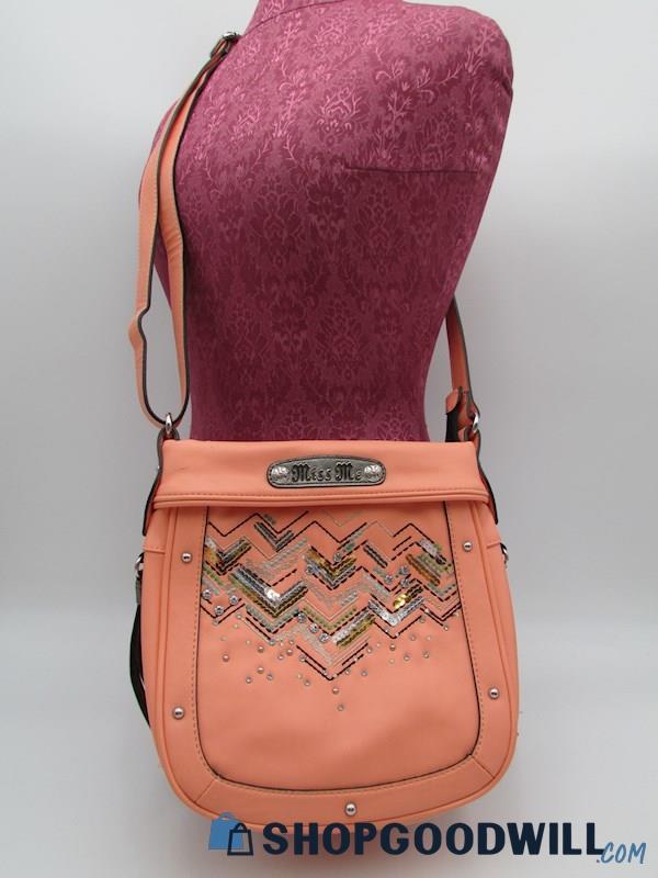Miss Me Peach Embellished Saddle Crossbody Handbag Purse