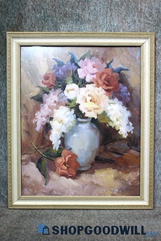 Framed Mixed Flowers in Vase Still Life Painting Print Signed De More Art Decor