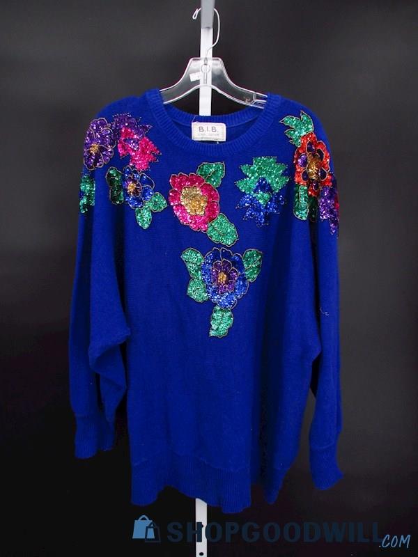 Vintage SML Sport Women's Blue Sequin Floral Pullover Sweater SZ XL