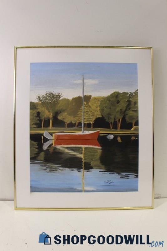 Paufler Unsigned Framed Painting Wall Art Print 'The Red Sailboat Reflection'