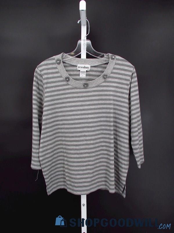 Vintage Ecobay Women's Grey/White Stripe 3/4 Sleeve Shirt SZ L